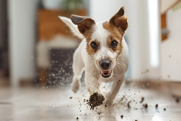 dog running through house with muddy paws